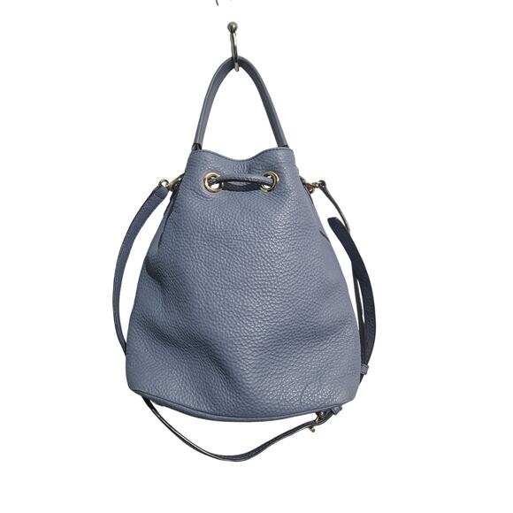 Henri Bendel Bedford Pebble Leather Bucket Bag Blue Medium GUC Tassel Drawstring - Picture 2 of 9